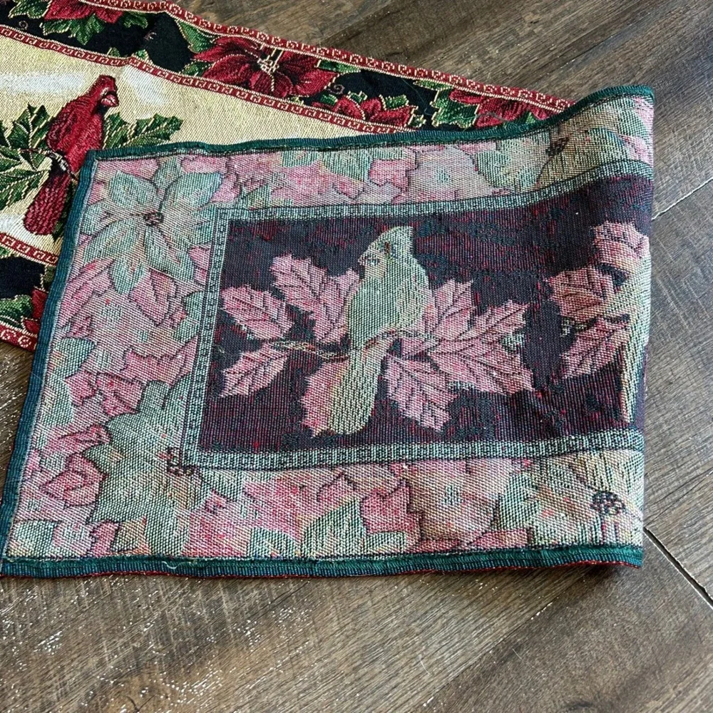 Christmas Cardinal Poinsettia Woven Tapestry Table Runner Red  13x71 Vintage